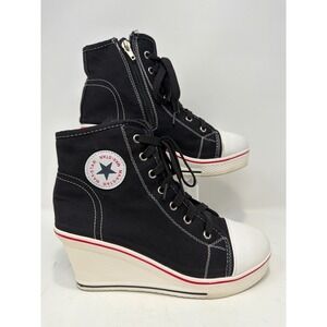 Maxstar Black Wedge Sneakers High Top Canvas Zipper Platform Shoes Womens 8